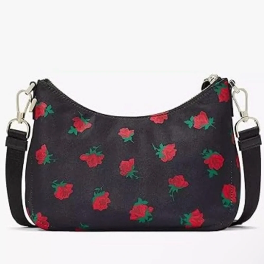 kate spade Black Floral Shoulder Bag with Red Rose Print and Pouch - Picture 5 of 8